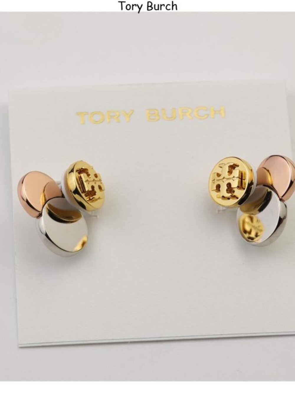 Tory Burch Tri-Metal Stacked Disc Stud Earrings — Gold, Rose Gold, Silver